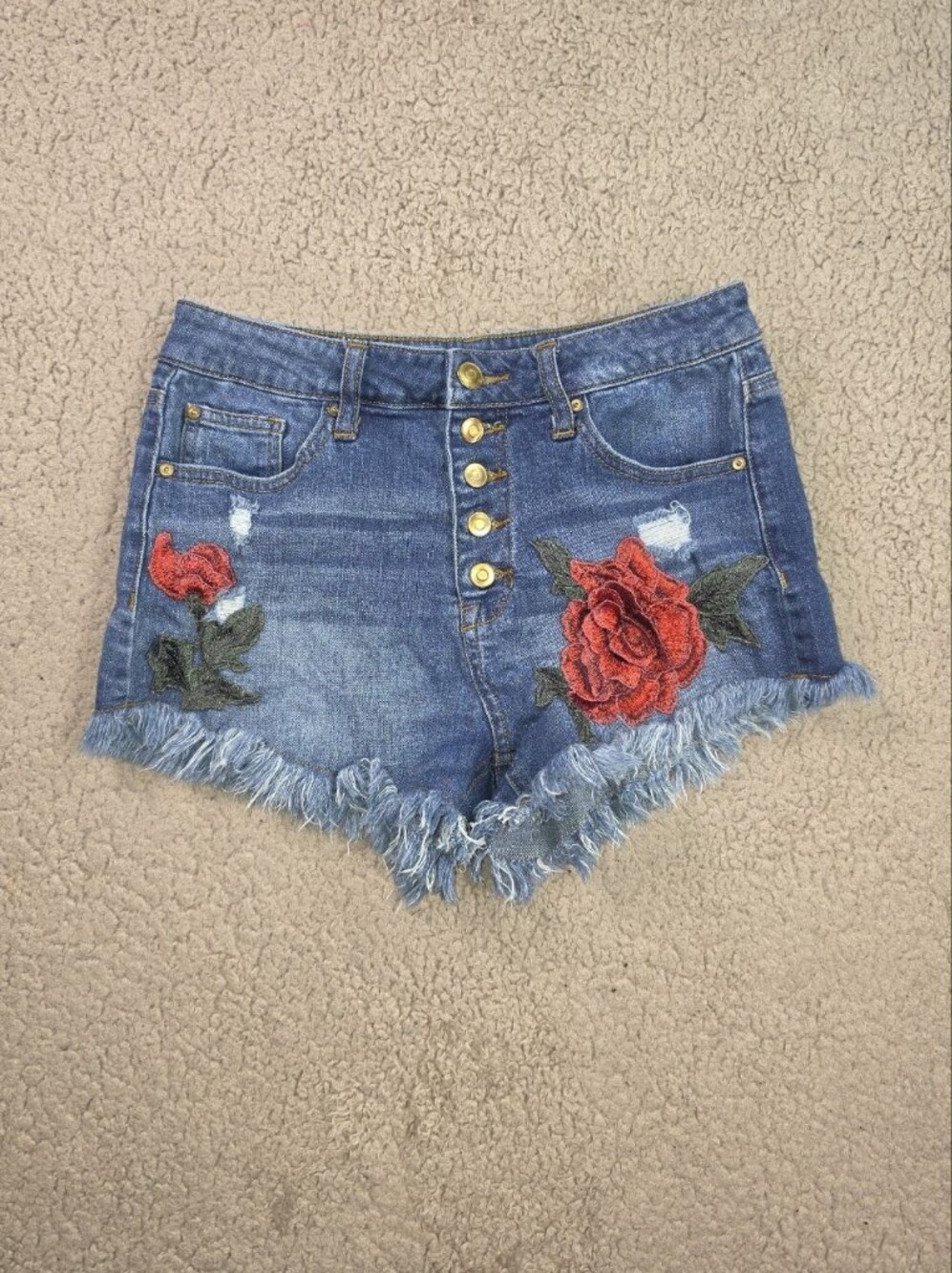 No Boundaries Blue Denim Button-Front Shorts with Red Rose Embroidery
